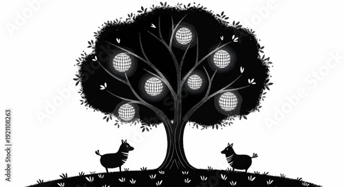 A whimsical black and white illustration of a magical tree with glowing fruit and two small dogs standing beneath it.