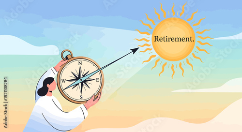 A person holding a compass that points towards a sun labeled 'Retirement,' symbolizing financial planning and future goals.