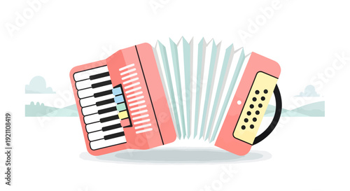 A stylized flat vector illustration of a pink piano accordion musical instrument on a simple landscape background.
