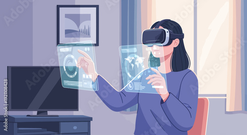 A woman wearing a virtual reality headset interacts with floating holographic user interface screens in a room.