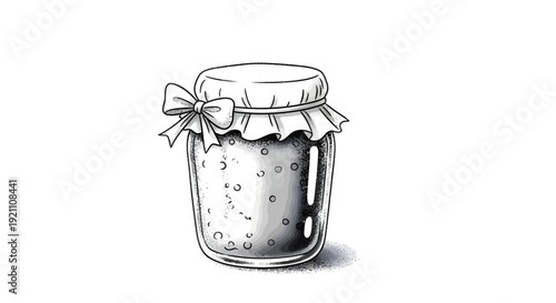 A black and white sketch of a homemade jam jar with a cloth lid and a ribbon bow.