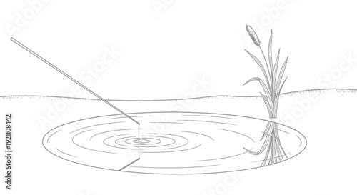 A black and white line drawing of a tool creating ripples in a pond next to a cattail plant.