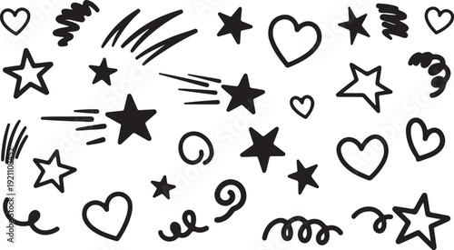 Hand drawn stars and hearts in doodle style with black ink on white background for graphic design