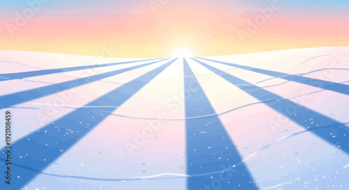 A serene digital illustration of a sunrise over a calm, reflective surface, with long, dramatic light rays stretching towards the viewer.