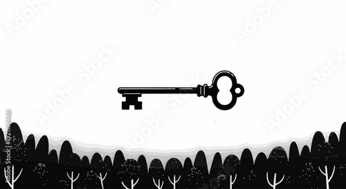 An animated black and white illustration of a vintage skeleton key hovering mysteriously above a dark forest silhouette.