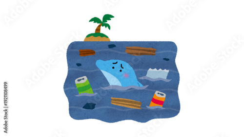Sad Dolphin in Polluted Ocean with Plastic Waste and Garbage Illustration