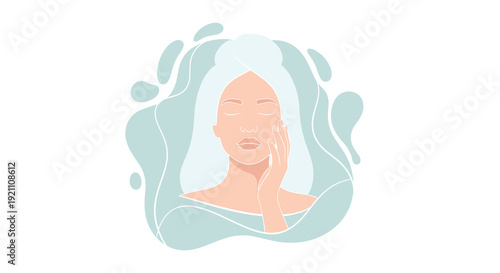 A woman with a towel on her head gently touches her face surrounded by abstract water splashes for skincare, Generative AI.