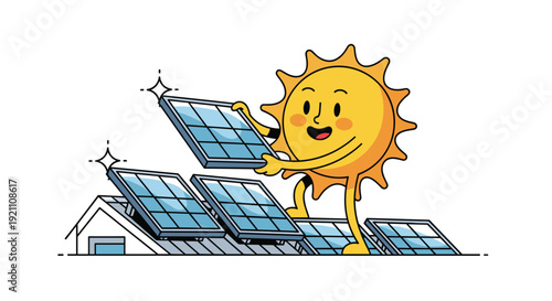 A cheerful cartoon sun character places multiple blue solar panels onto the roof of a house under clear skies, Generative AI.