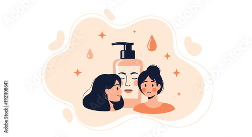 Two women demonstrate healthy skincare with a pump bottle facial mask icon and glowing stars and liquid droplets, Generative AI.