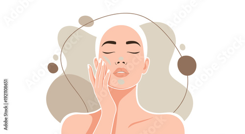 Serene woman with closed eyes gently applies face cream to her cheek against an abstract brown and beige backdrop, Generative AI.