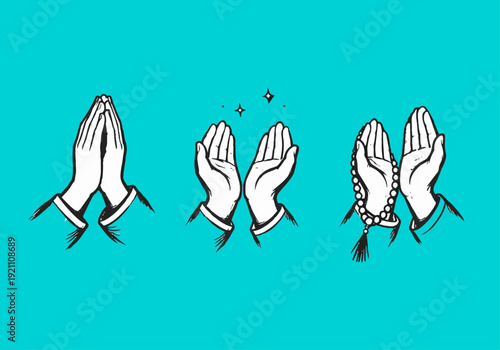 Minimalist Hand Gesture Illustration Showing Prayer, Dua and Clapping Hands in Modern Line Art Style on Teal Background