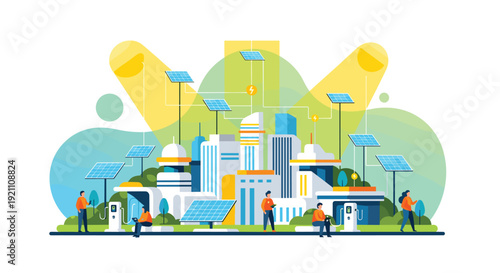 City skyline shows solar panels powering buildings and EV charging stations with people interacting in an urban setting, Generative AI.