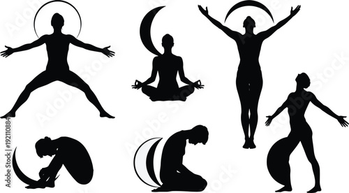 Black silhouettes of people in various yoga poses with crescent moon and circle white background