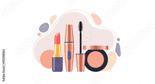 Beauty items with a lipstick tube of mascara and face powder compact on a pastel fluid shape background, Generative AI.
