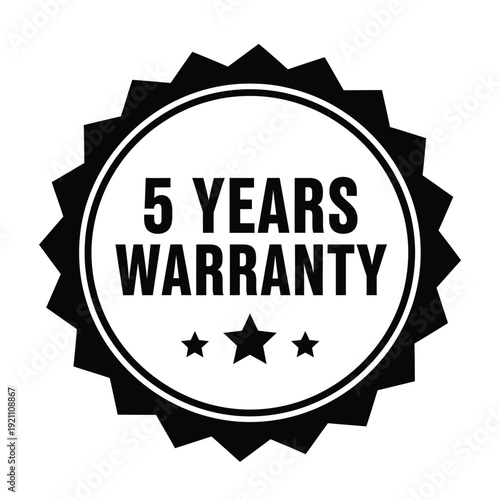 Vector illustration icon black and white warranty badge with 5 years text and stars