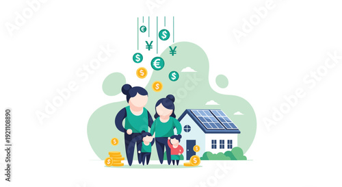 Home with photovoltaic panels saving income for a family illustrated with currency symbols and coins, Generative AI.