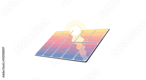 Photovoltaic module absorbing sunlight during sunset or sunrise displaying colorful reflections, Generative AI.