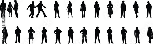 Set of diverse people silhouettes standing and walking, men and women in various casual poses, isolated figures for lifestyle design