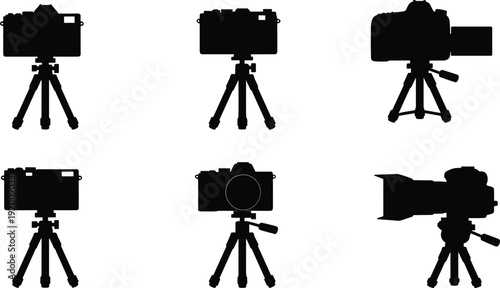 Black silhouettes of six different camera types on tripods white background