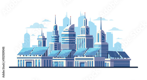 Sustainable urban landscape with skyscrapers and commercial properties equipped with photovoltaic panels, Generative AI.