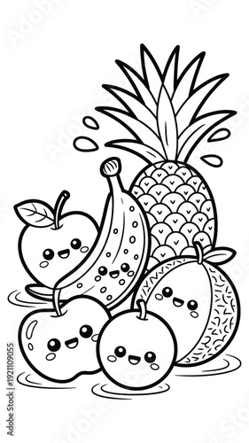 Adorable cartoon fruits like banana apple pineapple and orange with happy faces and water splashes