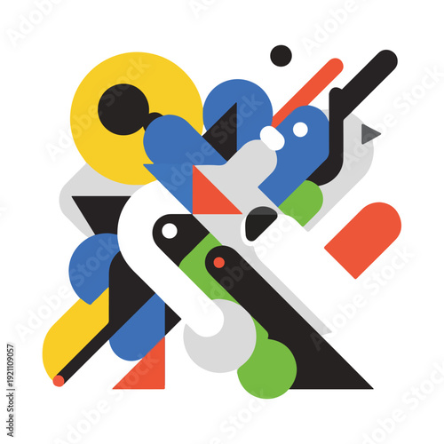 Abstract composition of geometric shapes in primary and secondary colors