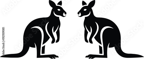 Black, kangaroo, silhouette, vector, illustration, two, kangaroos, australian, wildlife, marsupial, standing, isolated, on, white, background, nature, safari, icon, graphic, animal.