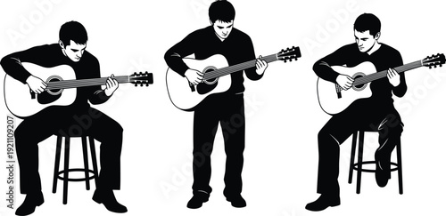 Acoustic Guitar Player Silhouette Set Performing Music Seated and Standing Black Vector Illustration Isolated on White Background