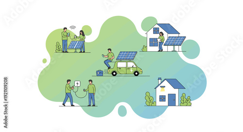 People utilize solar energy for electric car charging home power and ground panel interaction with mobile devices, Generative AI.