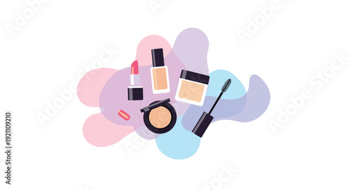 Various makeup products including lipstick foundation compact powder and mascara on abstract colorful shapes, Generative AI.