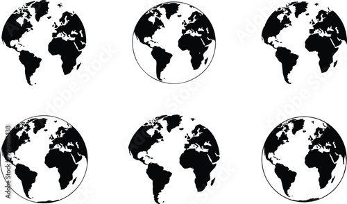 Set of Minimalist black planet earth with continents silhouette vector icon