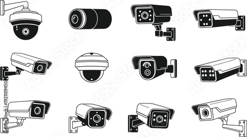 CCTV Security Camera Silhouette Set with Dome and Bullet Surveillance Devices Black Vector Illustration Collection for Safety
