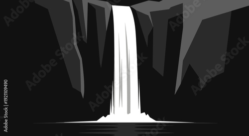 Waterfall Cascading Down Rocky Cliffside Illustration.