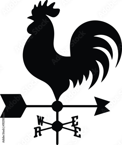 Minimalist black wind vane with a rooster silhouette vector icon