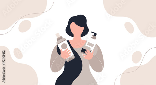 Woman holding two bottles of different personal care products against an abstract background, Generative AI.