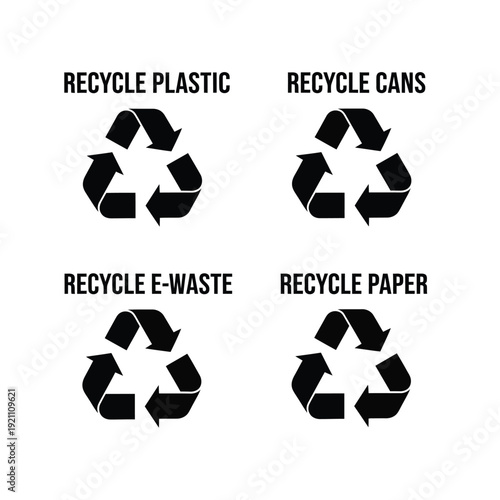 Vector illustration icon set of four black recycle symbols for plastic, cans, ewaste, and paper