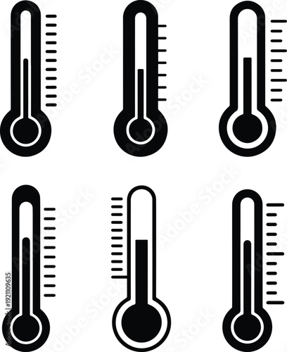 Set of Minimalist black thermometer with mercury level silhouette vector icon