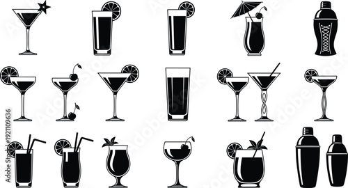 Cocktail Glass and Shaker Silhouette Set with Tropical Drinks and Garnishes Black Vector Illustration Collection for Bar