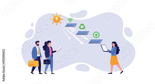Business professionals observe solar panels generating energy for various applications including Wi-Fi and recycling, Generative AI.