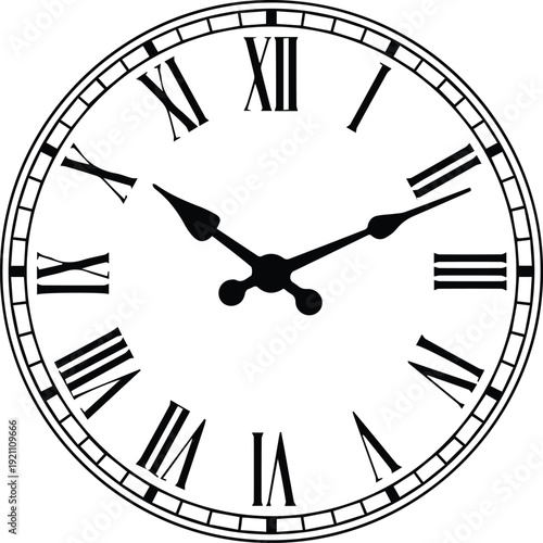 Minimalist black classic clock with roman numerals silhouette vector icon