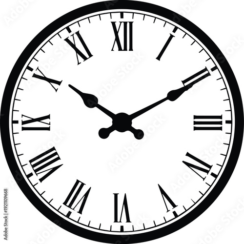 Minimalist black classic clock with roman numerals silhouette vector icon
