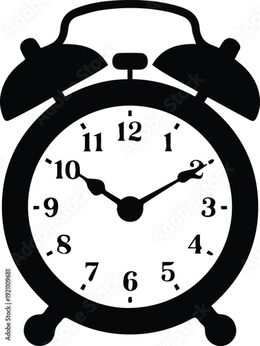 Minimalist black alarm clock with twin bells silhouette vector icon