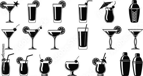 Cocktail and Drink Silhouette Collection with Glasses Shaker and Garnish Black Vector Illustration Set for Bar Menu Design