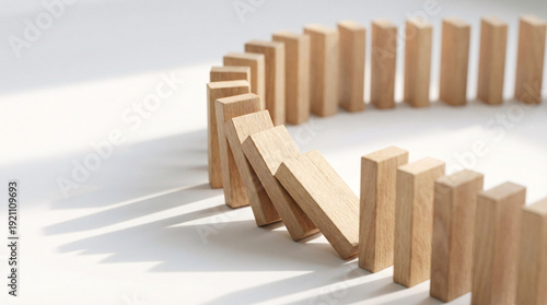 Domino Effect Concept with Falling Wooden Blocks in Chain Reaction, Business Risk, Consequence and Cause and Effect Symbol on White Background