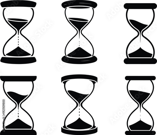 Set of Minimalist black hourglass with sand flowing silhouette vector icon