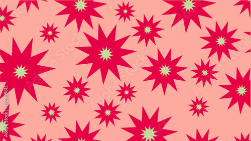 Vibrant Abstract Background Featuring Sharp Red Multi-Pointed Stars with Pale Green Centers on a Soft Pink Backdrop for Energetic Festive Celebrations and Modern Youthful Graphic Design