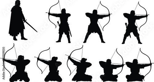 Medieval Archer and Swordsman Silhouette Collection with Bow and Arrow Warrior Poses Black Vector Illustration Isolated Set