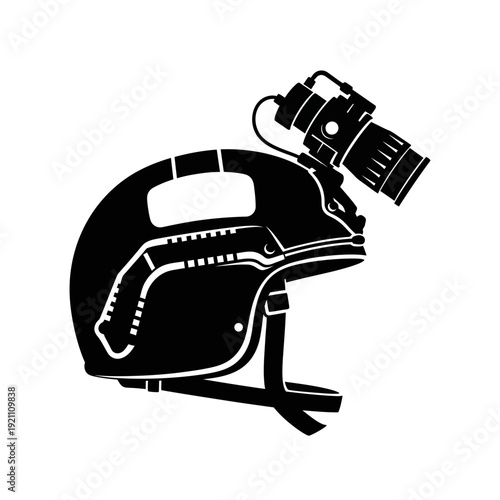 Black and white illustration of a helmet with a mounted flashlight