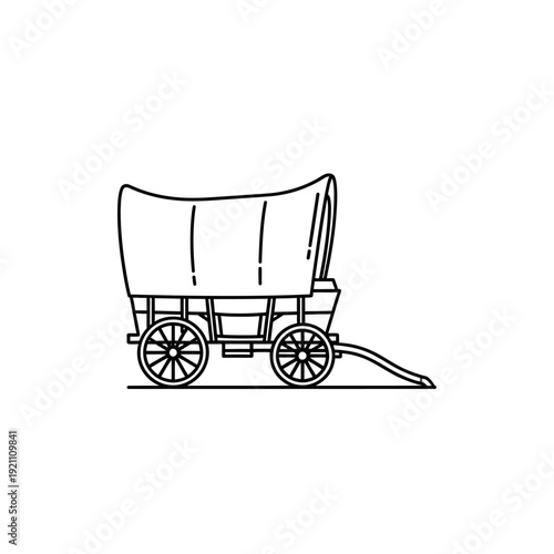 Simple black and white line drawing of a covered wagon