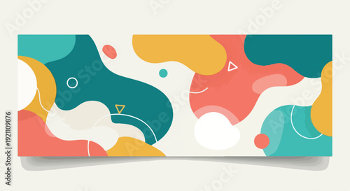 Abstract graphic banner features colorful organic shapes and white geometric accents